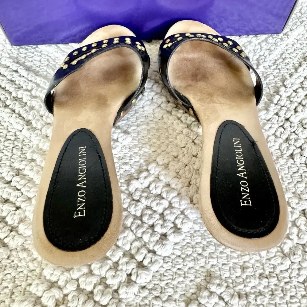 Enzo Angiolini Womens 5.5 Black Sandals Wood Heel Slide On Strap Fashion Y2k 90s
